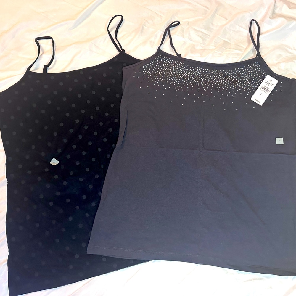 LOFT Women’s Tank Top Set L Gray Bedazzled & Black Polka Dot Cotton NWT